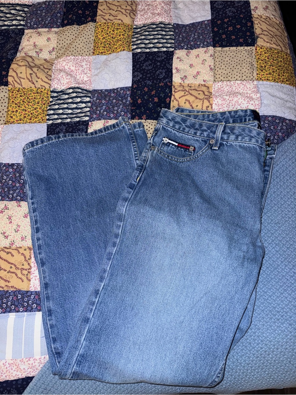 Vintage 90s Tommy Hilfiger Jeans Women's Size 13 Blue Flag Patch Bootcut Y2K
